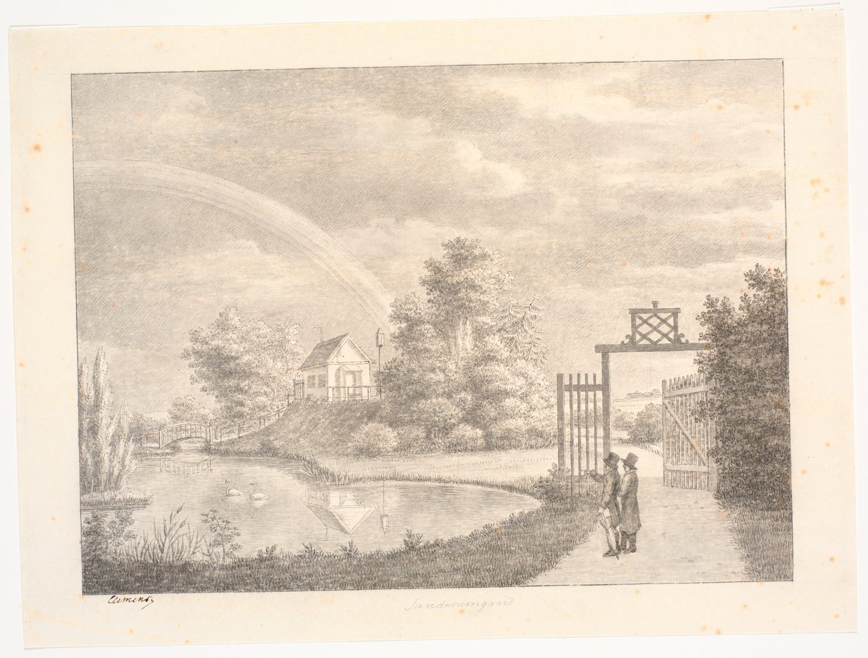 Sanderumgaards tuin met regenboog. Op de voorgrond twee mannen bij een hek door J.F. Clemens