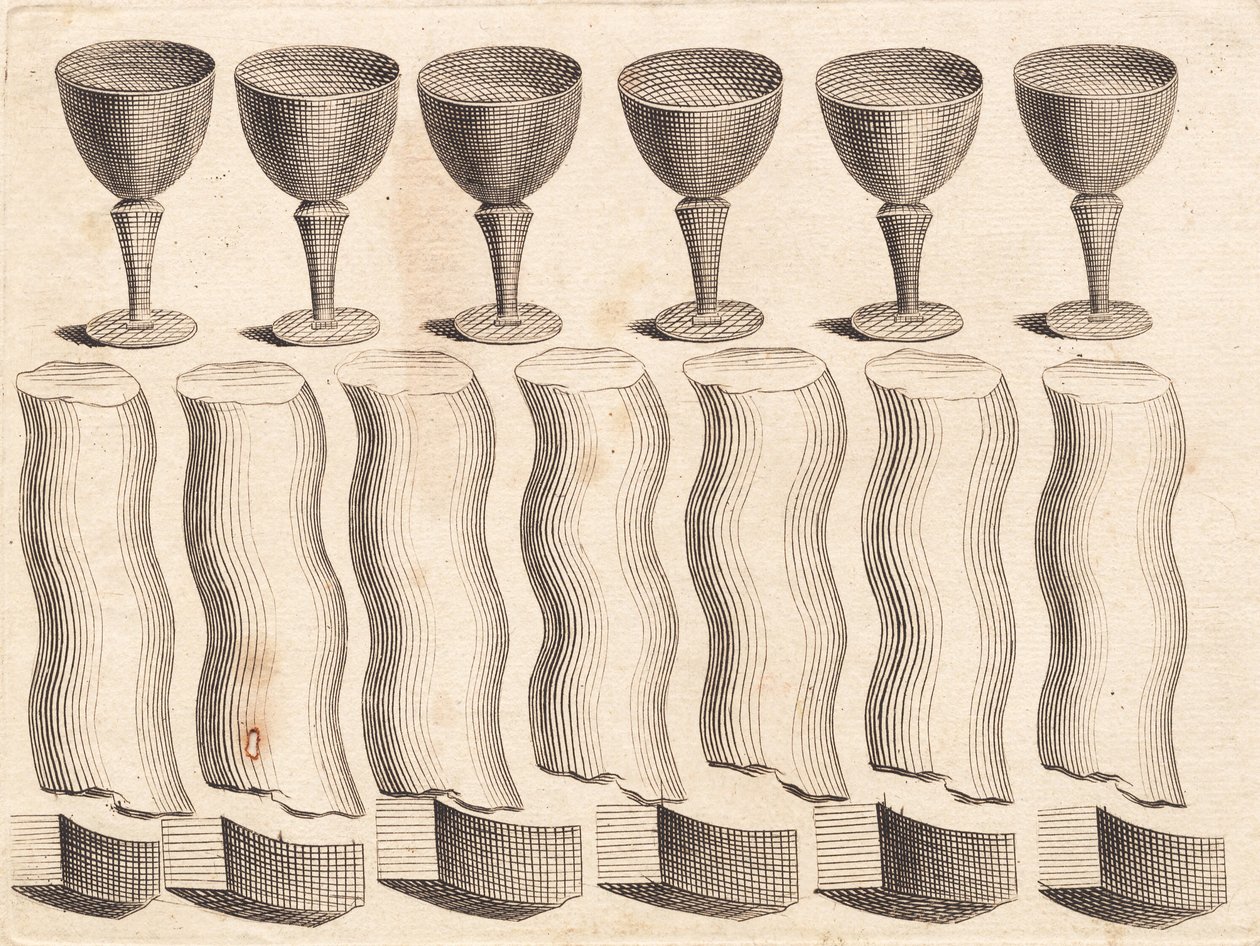 Studieblad van bekers en delen van een gedraaide ronde staaf door J.F. Clemens