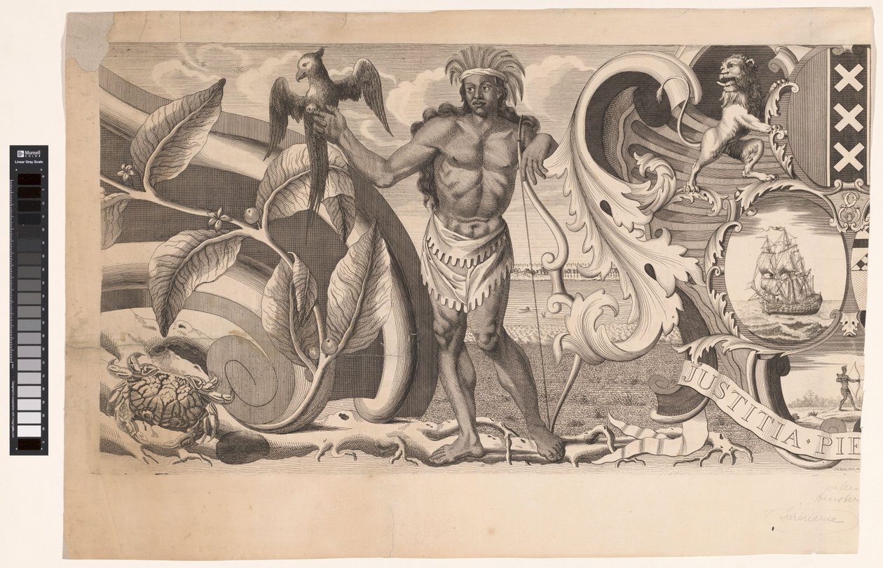 Deel van de rand van een kaart van Suriname (linkerdeel) door J.G. de la Croix