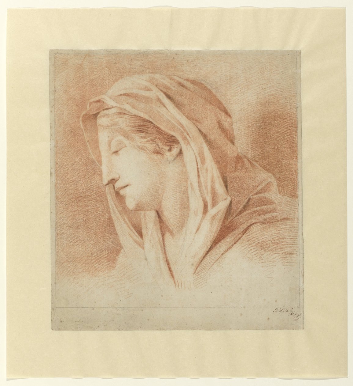 Kop van een vrouw met hoofddoek, van opzij door J.H. Tak