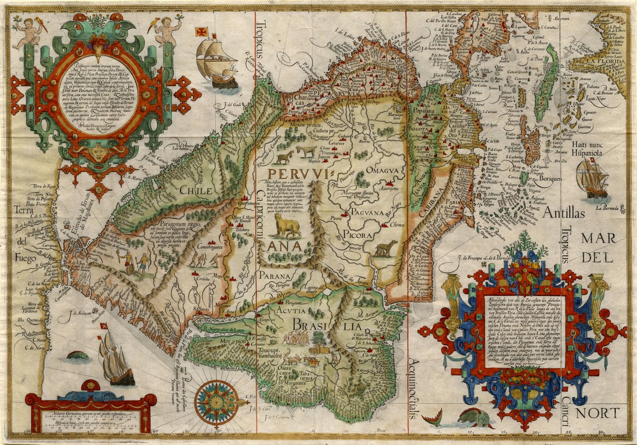 Delineatio omnium orarum totius Australis parties Americae..., ca. 1596 (handgekleurde kopergravure) door J.H. & van Langren A.F. (1571-1644) Linschoten