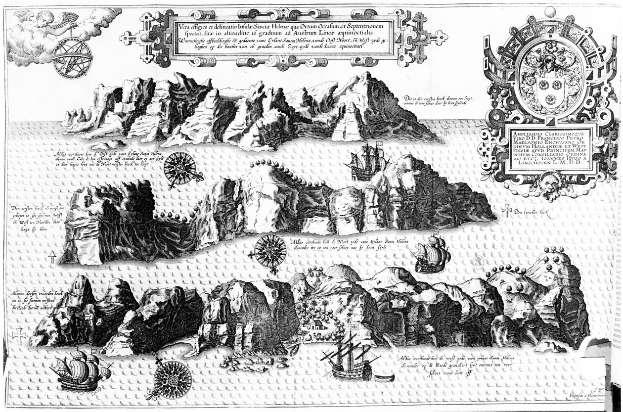 Het eiland Sint-Helena, illustratie uit Linschotens Itinerario, 1596 door J.H. van Linschoten