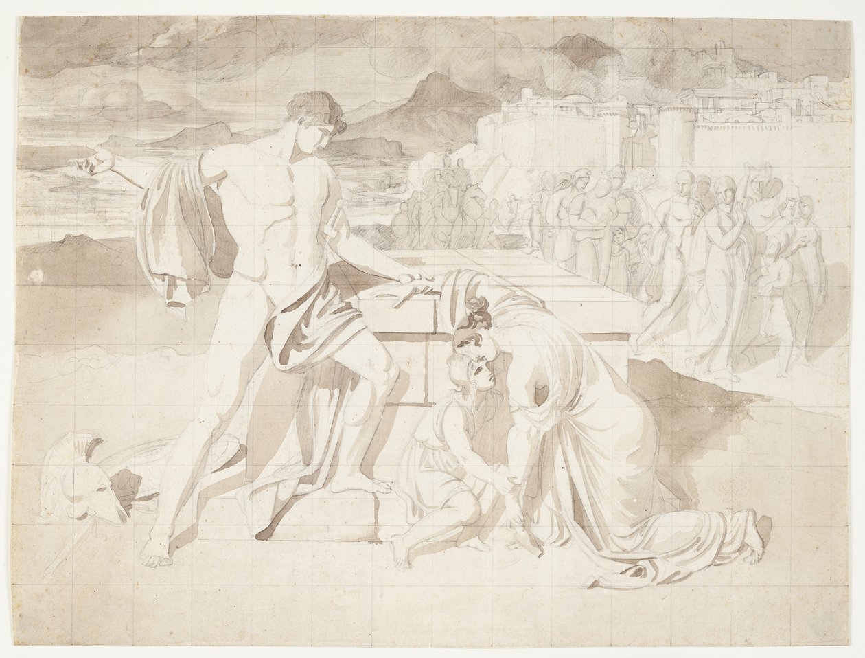 Andromache en zoon Astyanax samen met Pyrrhus bij het graf van Hector door J.L. Lund