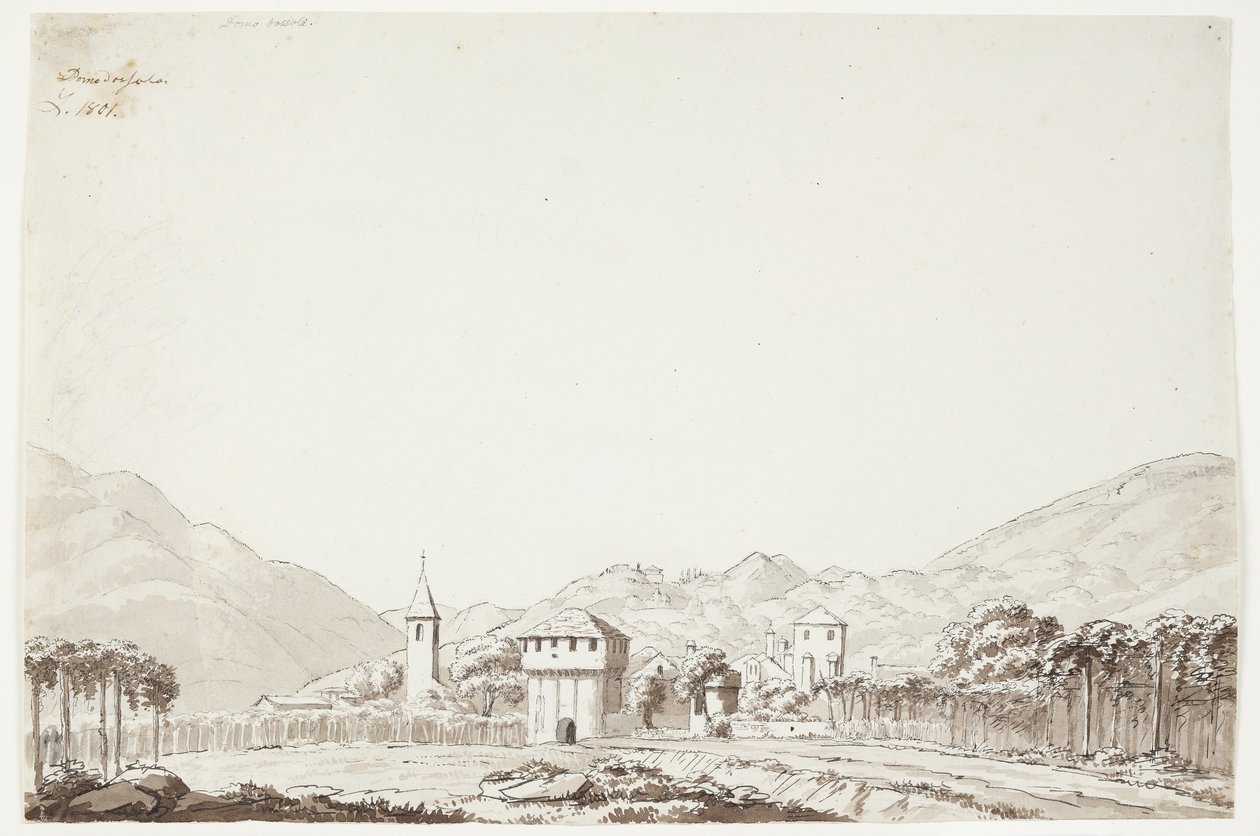 Landschap van Domodossola in Zwitserland met kerk en wachttoren door J.L. Lund