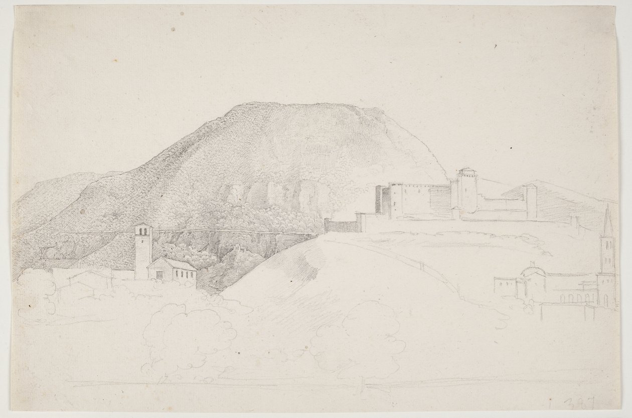 Landschapsstudie met Berg en Gebouwen. Spoleto, Italië door J.L. Lund