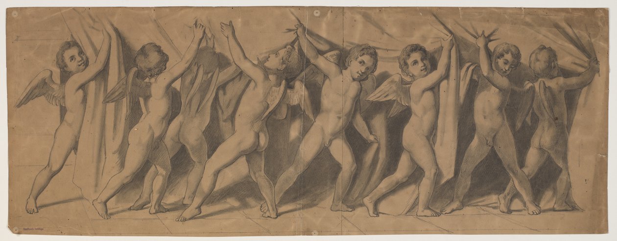 Ontwerp voor het gordijn van het Koninklijk Theater; putti die het gordijn opzij trekken door J.L. Lund
