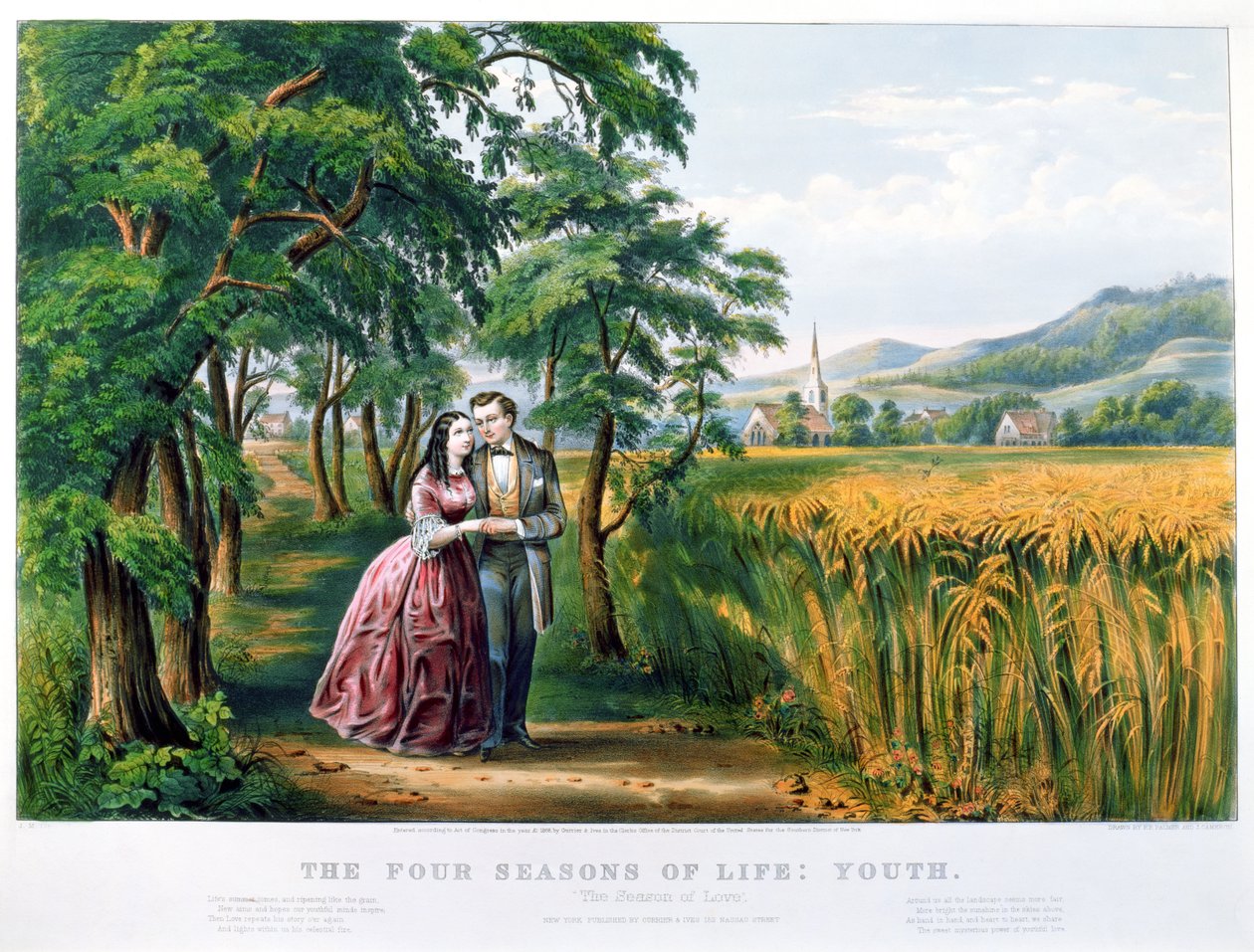 De vier seizoenen van het leven: Jeugd, `Het seizoen van de liefde`, gegraveerd door Parsons en Atwater, uitgegeven door Currier en Ives, New York, 1868 door N. and Ives, J.M. Currier