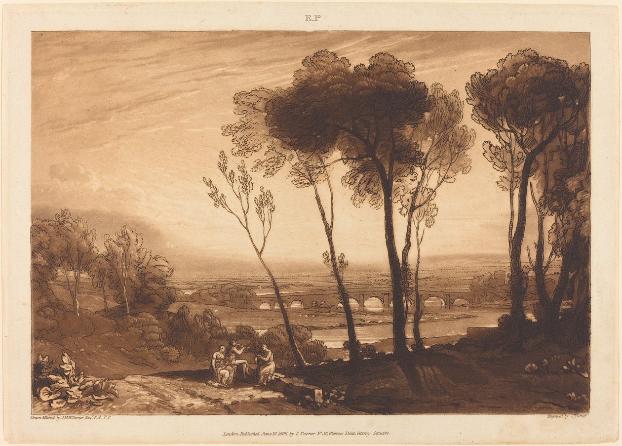De brug in de verte, gepubliceerd 1808 door Joseph Mallord William Turner