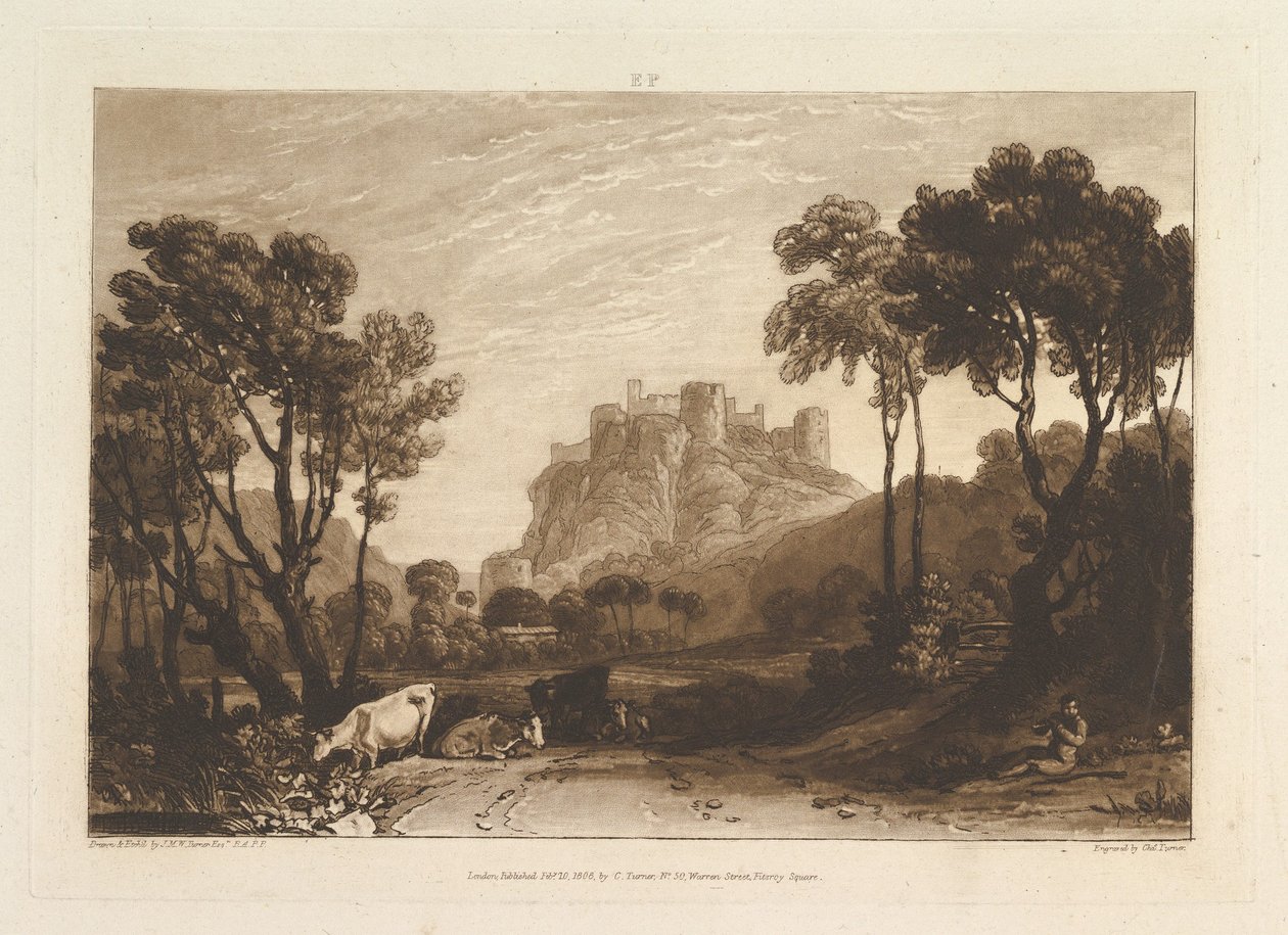 Het kasteel boven de weiden Liber Studiorum, deel II, plaat 8 door Joseph Mallord William Turner