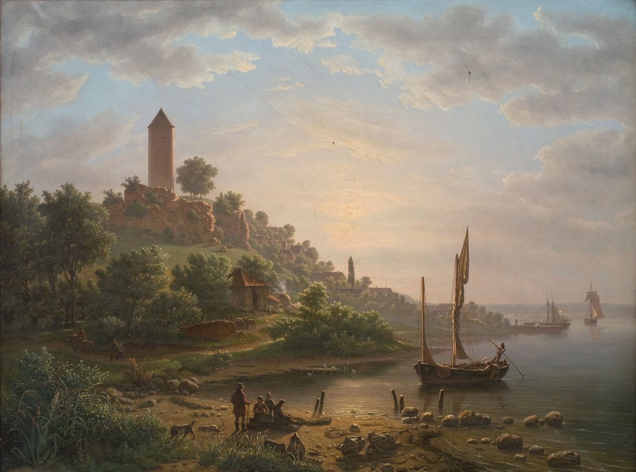 De kust bij Vordingborg met de Gåsetårnet op een vroege ochtend door J.P. Møller