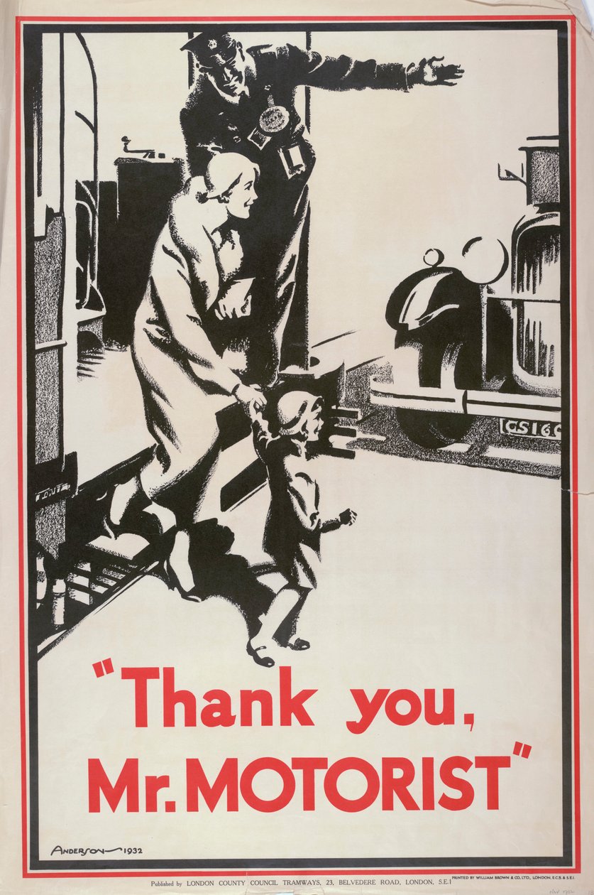 Dank u, meneer automobilist, London County Council LCC Tramways poster, 1932 door JS Anderson