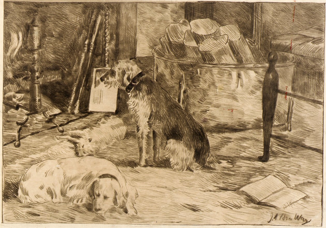 Honden op de haard nr. 1 door J. Alden Weir