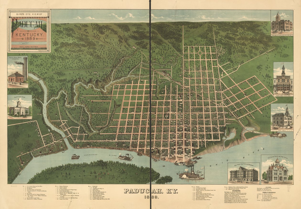 Vogelvlucht van Paducah, Kentucky 1889. door J. Blanton; Krebs Lithographing Company Postlethwaite
