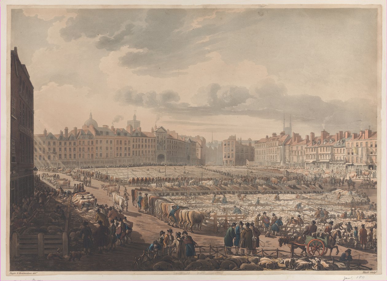 Vogelvlucht van Smithfield Market, genomen vanaf de Bear & Ragged Staff, 1 januari 1811 door J. Bluck