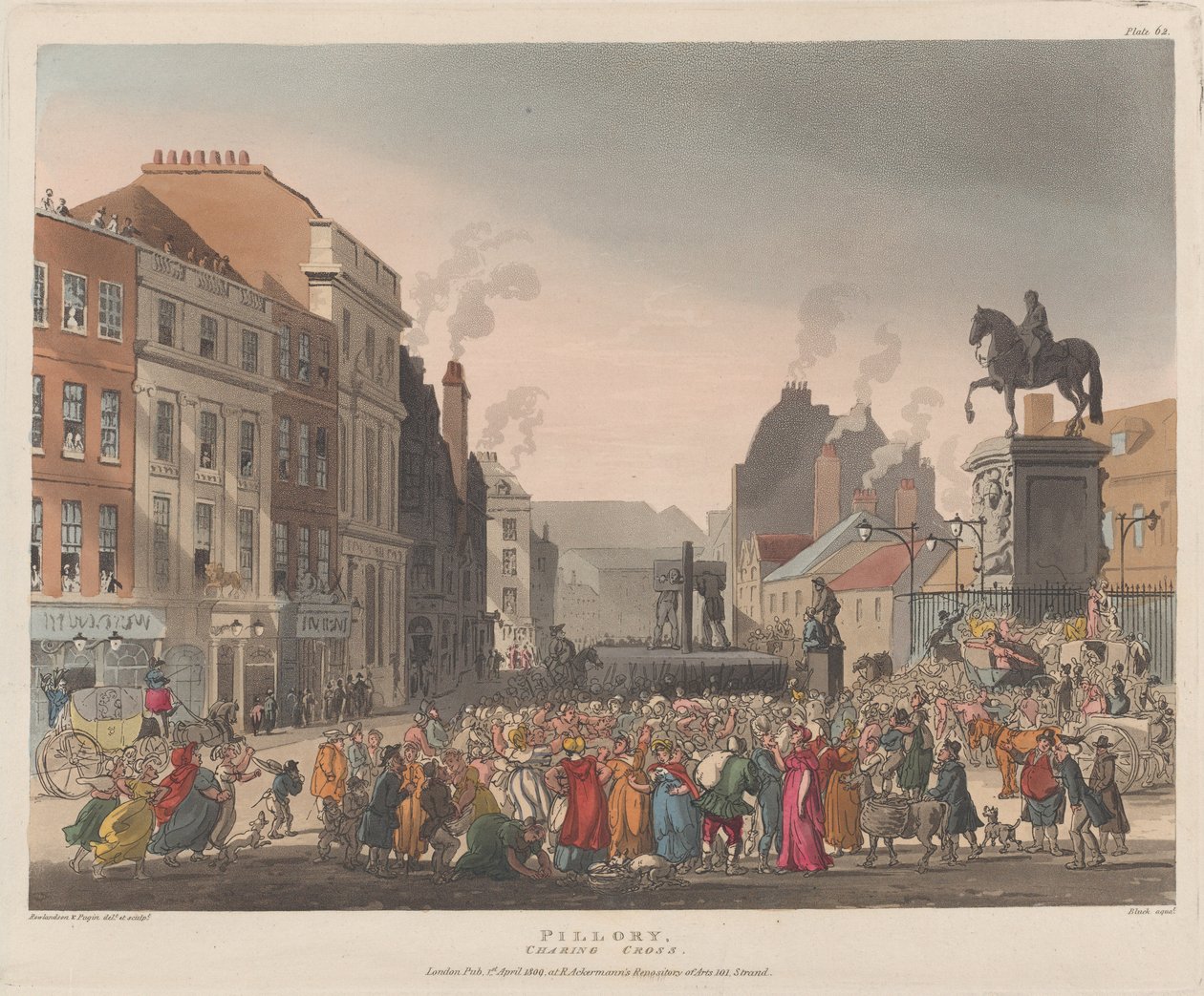 Schandpaal, Charing Cross, 1 april 1809 door J. Bluck