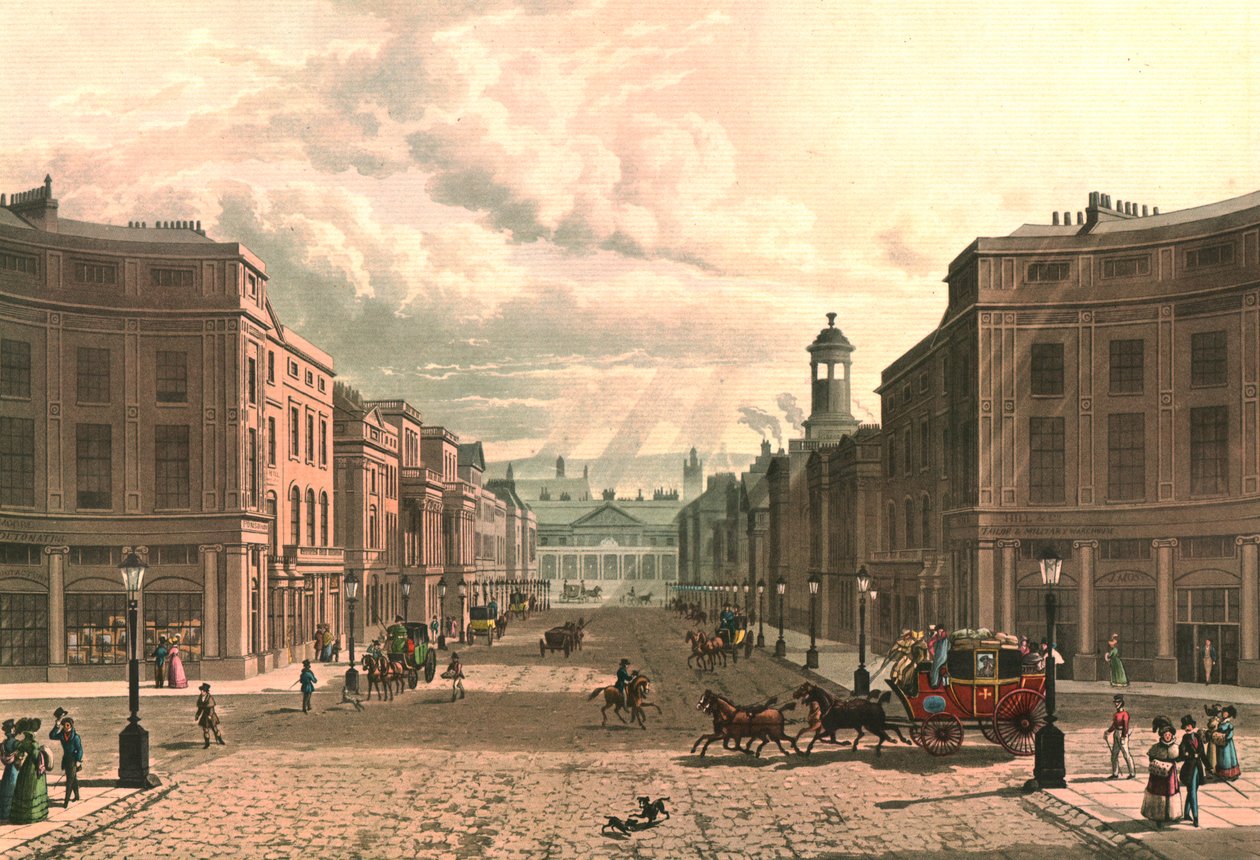 Regent Street vanaf Piccadilly, ca. 1822 door J Bluck