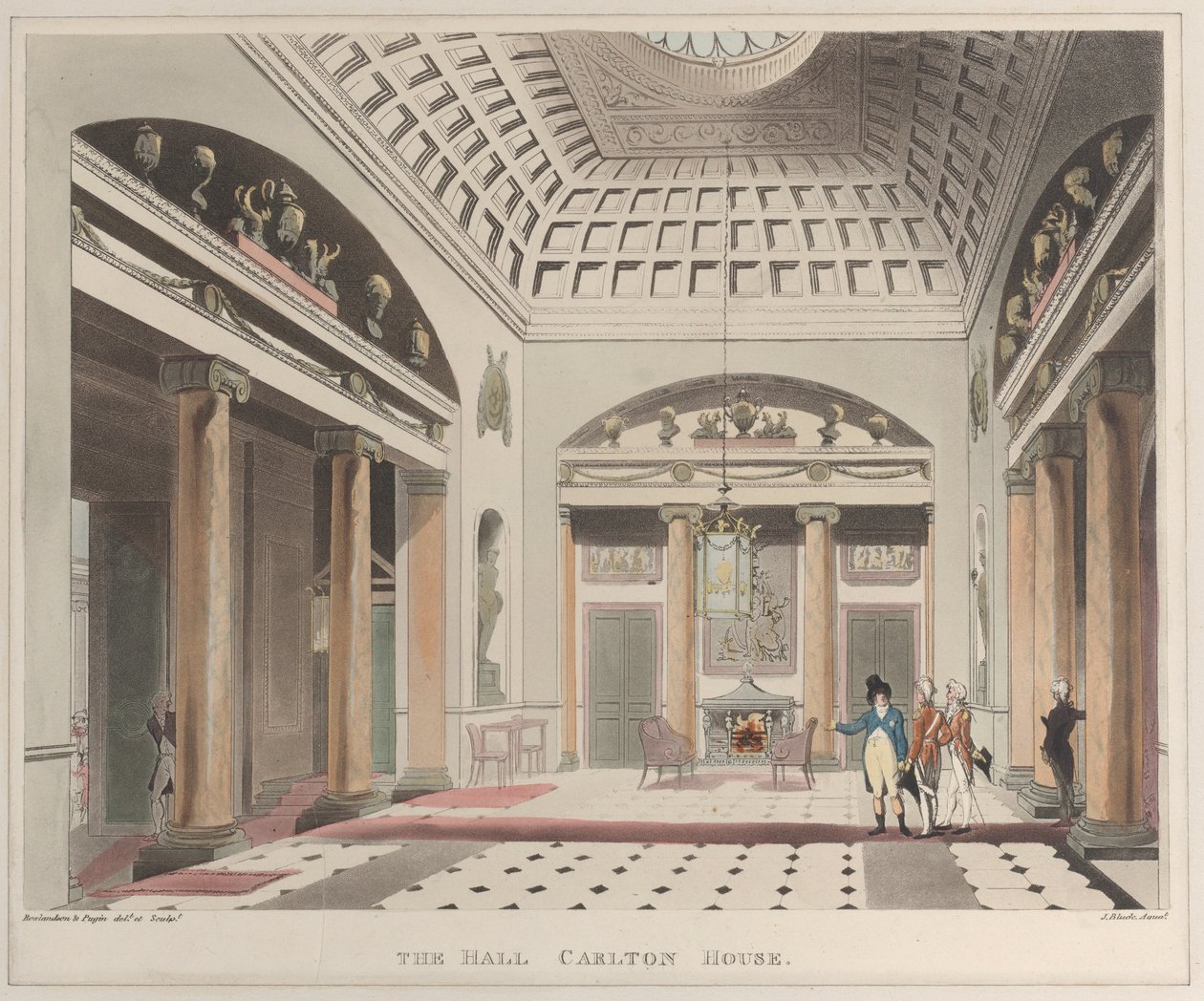 De hal van Carlton House Microcosm of London, plaat 15, 1 april 1808 door J. Bluck