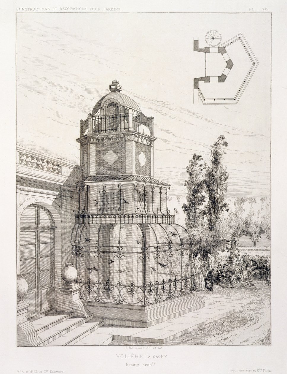 Volière voor zangvogels, uit een volume met ontwerpen door verschillende architecten, uitgegeven door Morel & Cie, Parijs, ca. 1880 door J. Boussard