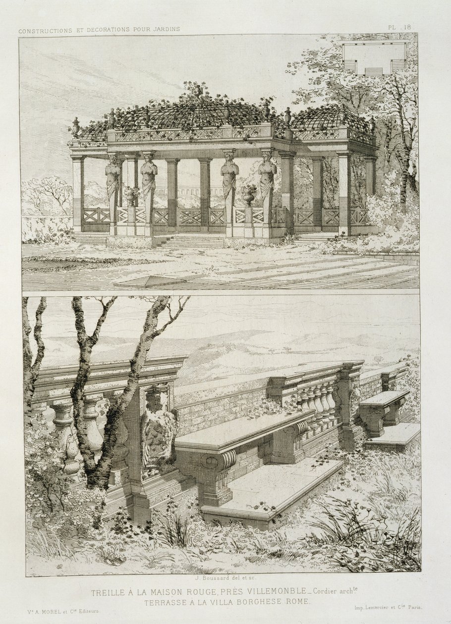 Pergola van La Maison Rouge bij Villemomble, ontworpen door Cordier, en terras van de Villa Borghese, Rome, ca. 1880 door J. Boussard