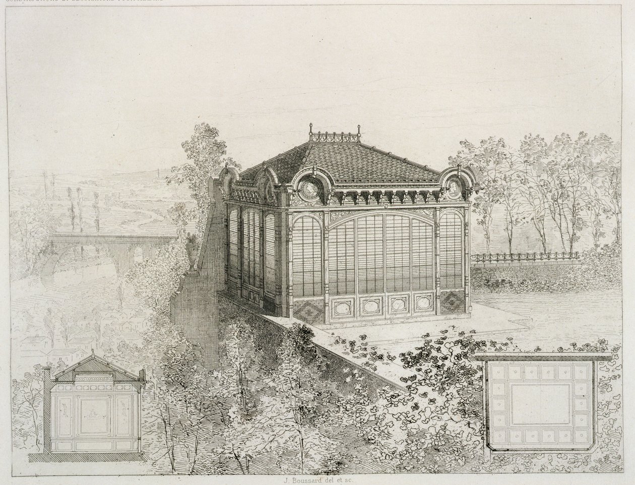 Plannen en elevatie van een tuinpaviljoen, ca. 1880 door J. Boussard