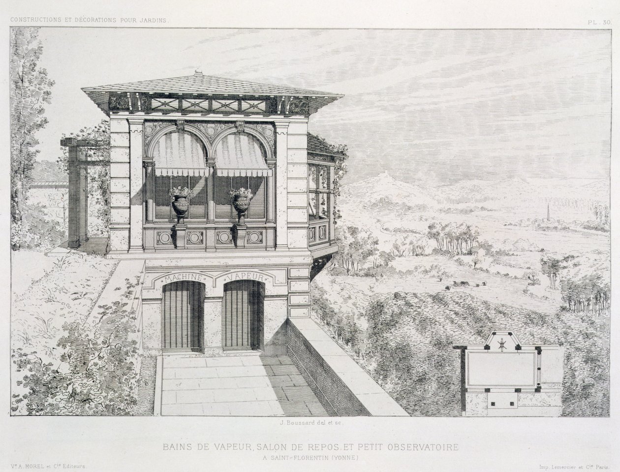 Stoombaden, observatorium boven, uit een volume met ontwerpen door verschillende architecten, uitgegeven door Morel & Cie, Parijs, ca. 1880 door J. Boussard