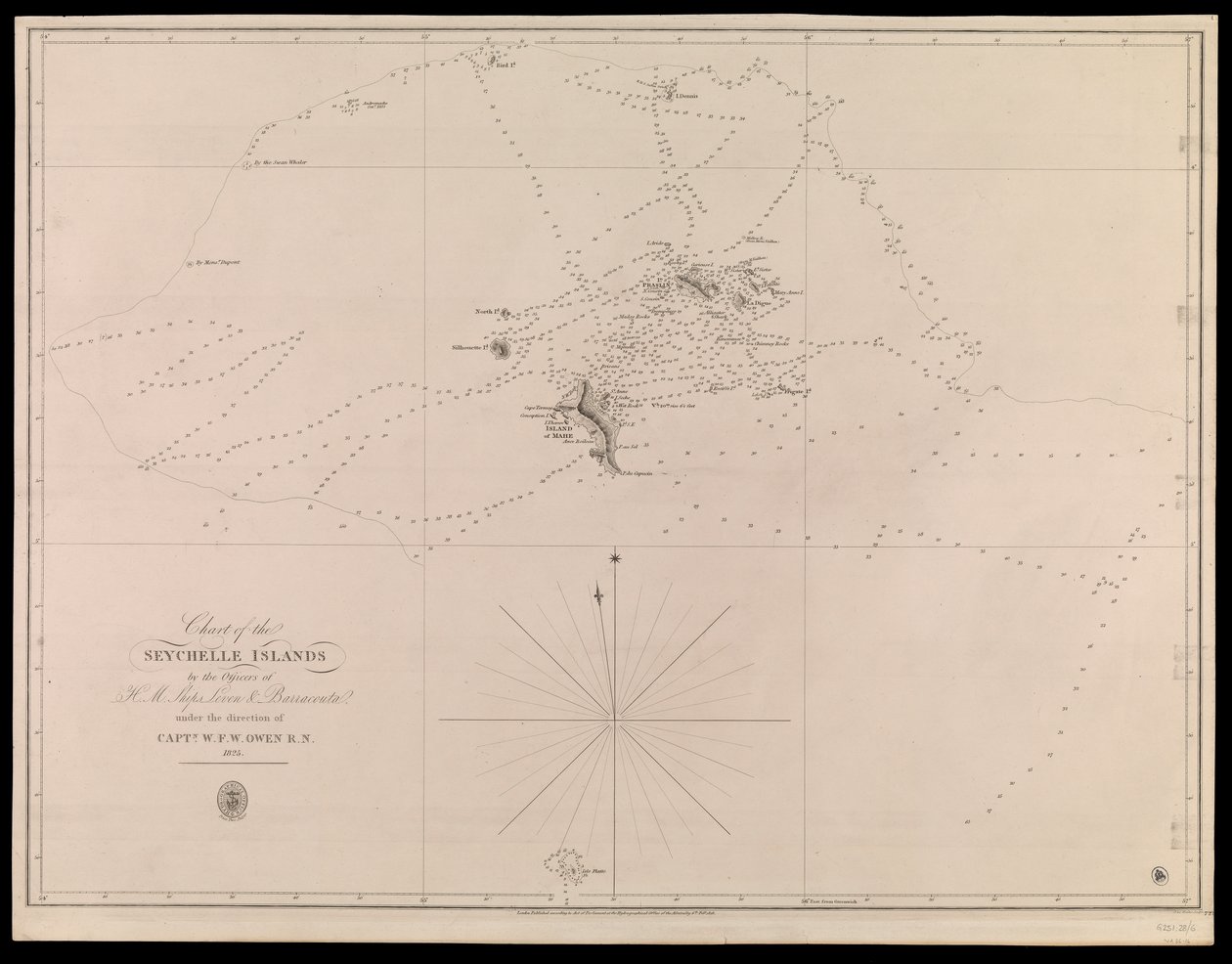 Kaart van de Seychellen door de officieren van H.M. schepen Leven en Barracouta onder leiding van Kapitein W.F.W. Owen R.N. 1825 door J. & C. Walker