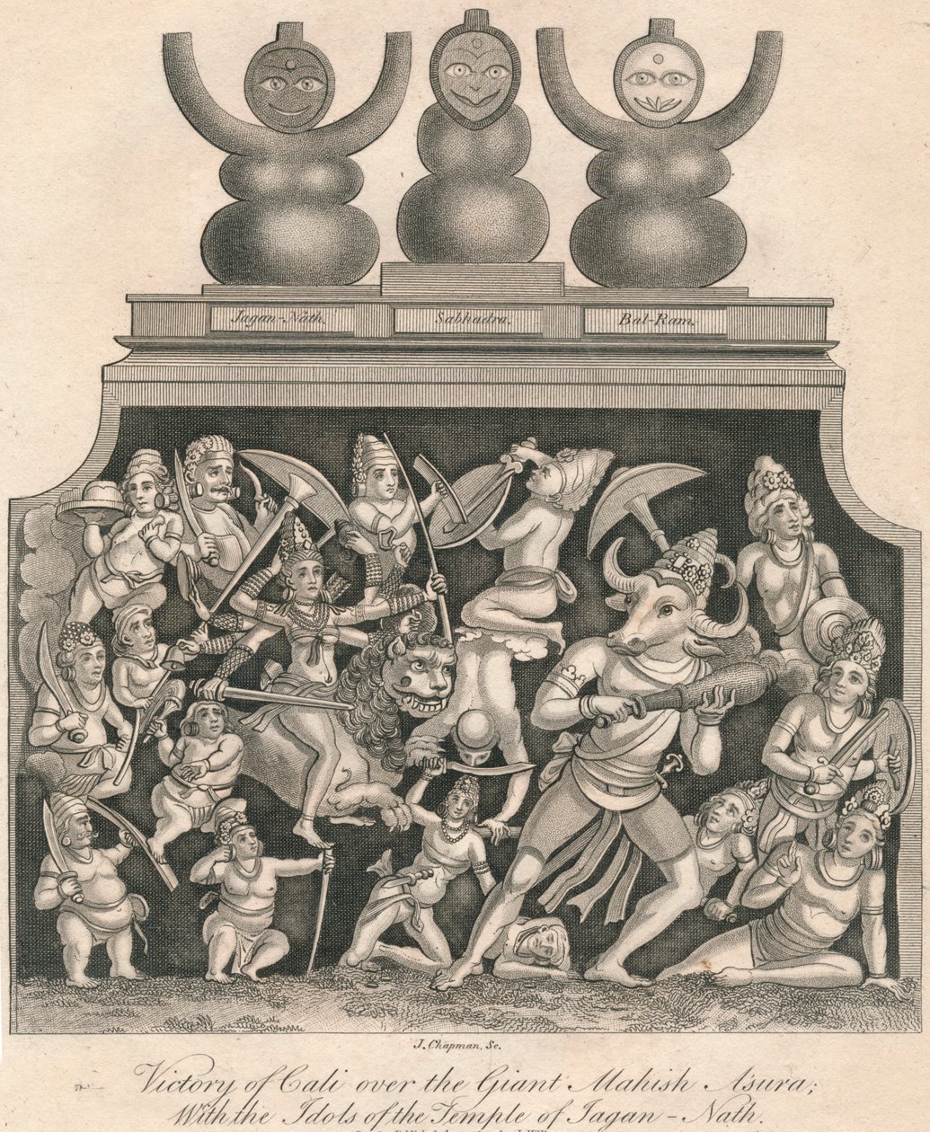 Overwinning van Kali over de Reus Mahish Asura, Met de Beelden van de Tempel van Jagan-Nath, 1809 door J. Chapman