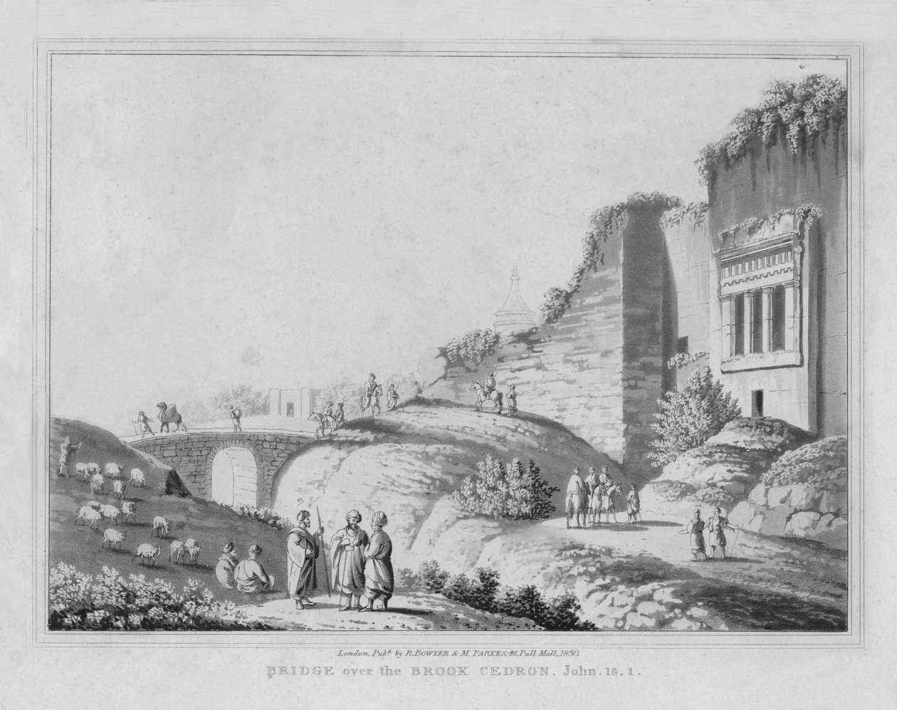 Brug over de beek Cedron. Johannes, 18.1, 1830 door J. Clarke