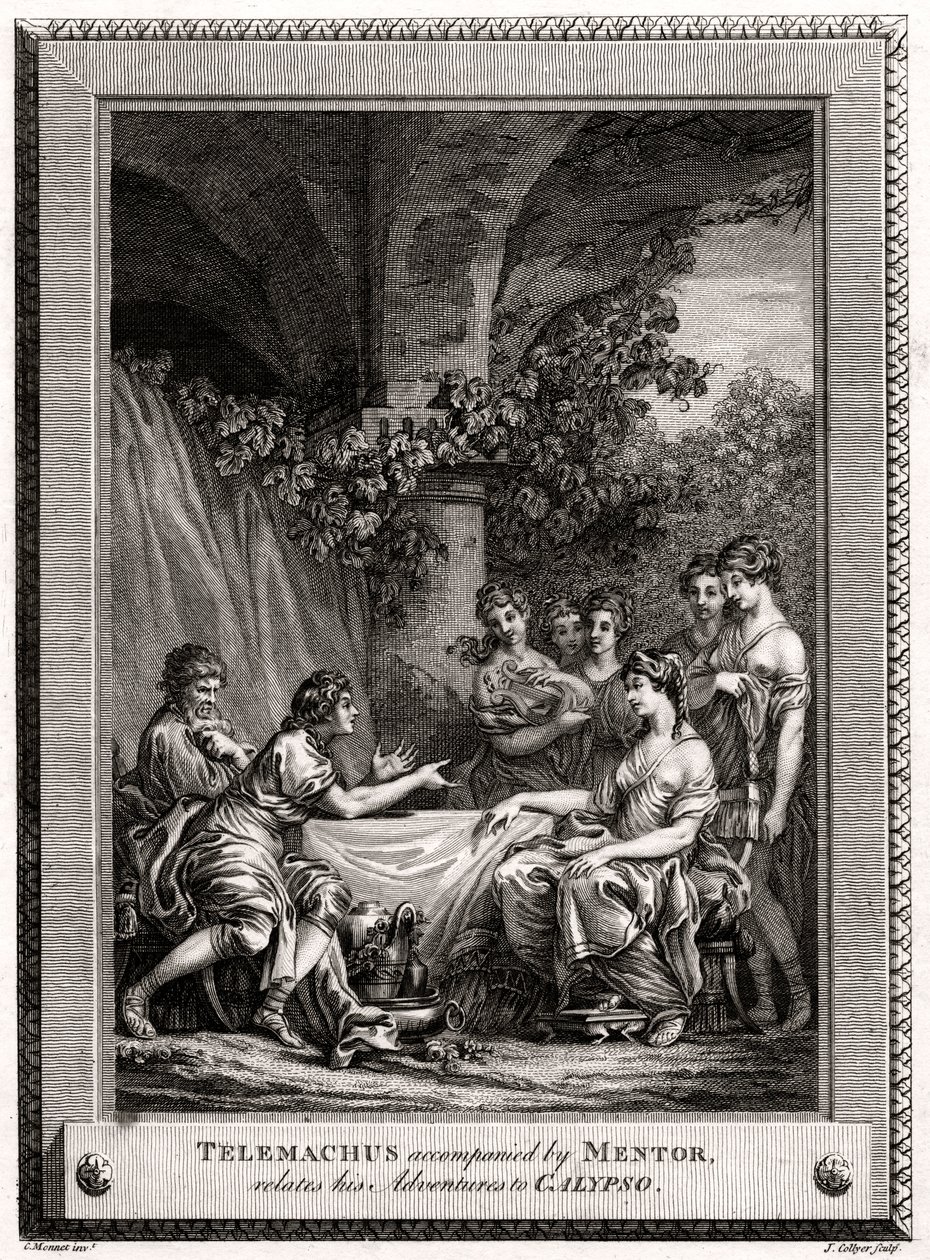 Telemachus vergezeld door Mentor, vertelt zijn avonturen aan Calypso, 1774 door J. Collyer