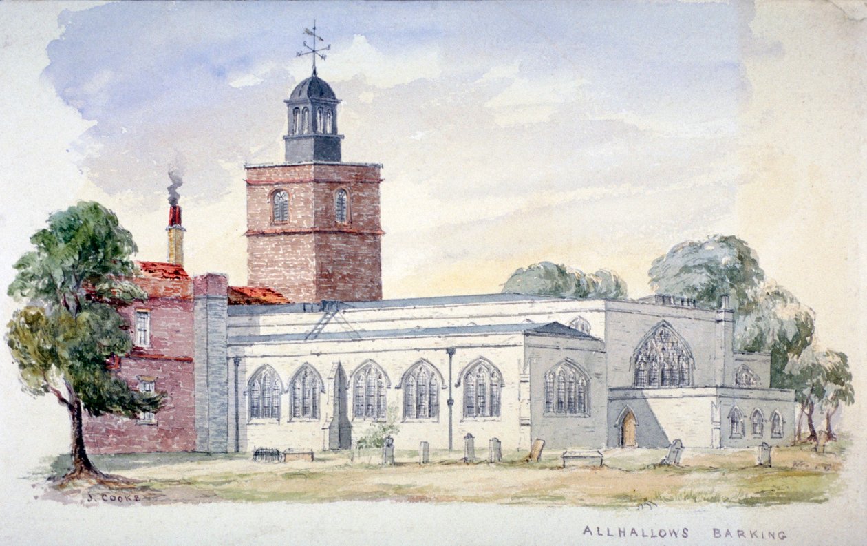 All Hallows-by-the-Tower Church, Londen, ca. 1840 door J Cooke