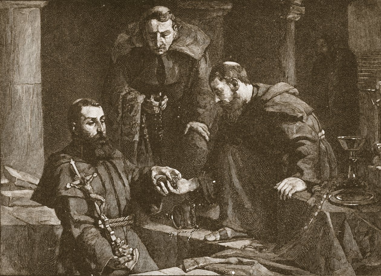 Schuilen van schatten bij de onderdrukking van een klooster, illustratie uit The Church of England: A History for the People door H.D.M. Spence-Jones, pub. c.1910 litho sepia foto door J. Cooke
