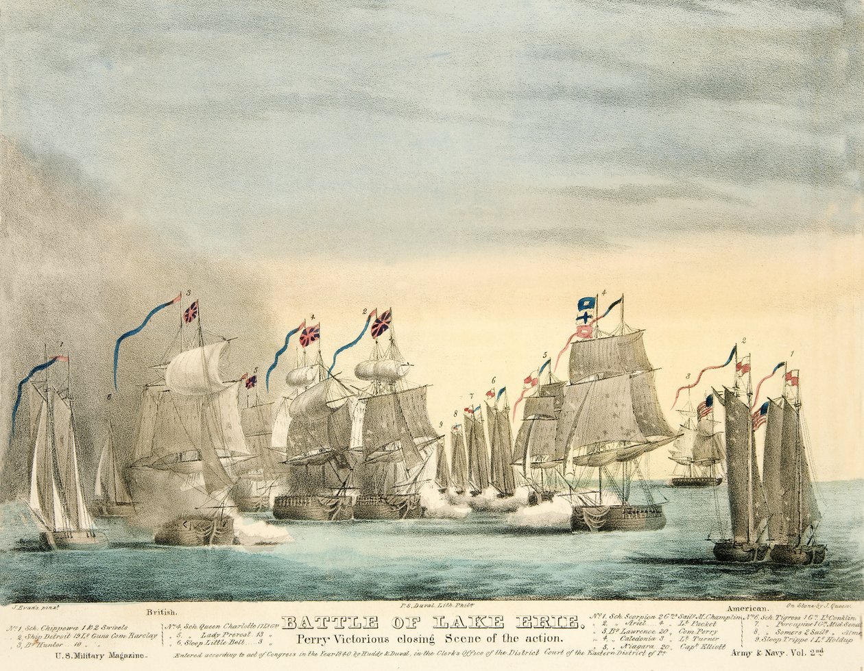 Slag bij Lake Erie. Perry Victorious slotfase van de Actie uit Army and Navy Magazine, uitgegeven 1840 door J. Evans