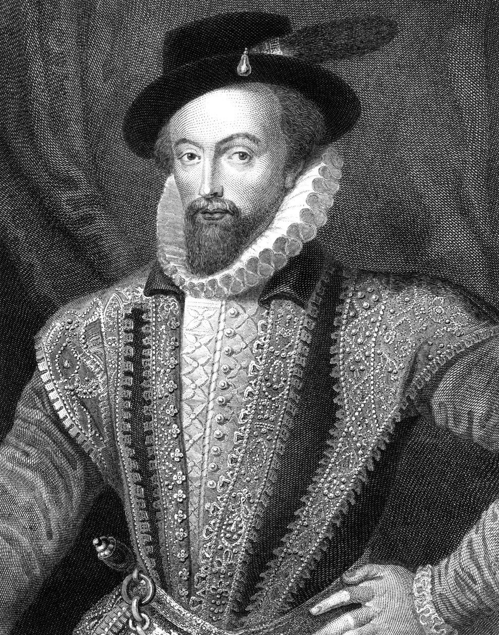 Sir Walter Raleigh, Engelse schrijver, dichter, hoveling, avonturier en ontdekkingsreiziger, 1821 door J Fitler