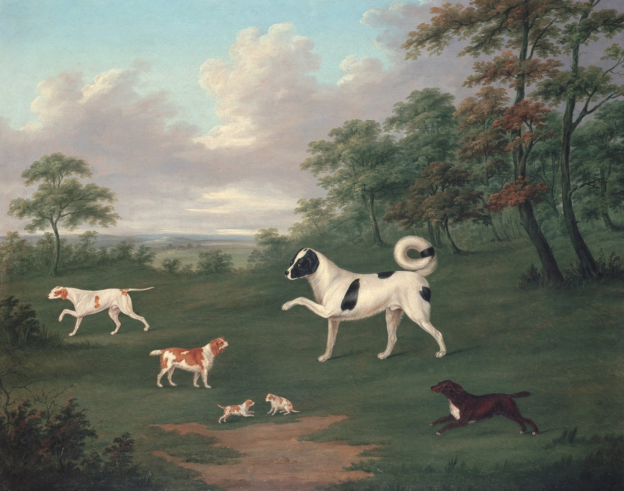 Sporthonden in een landschap door J. Francis Sartorius