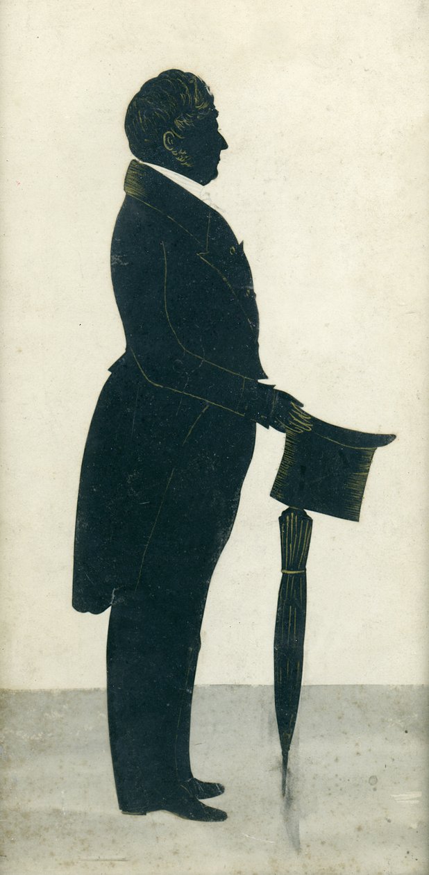 Silhouet van een man met hoge hoed, rokjas en paraplu door J. Gapp