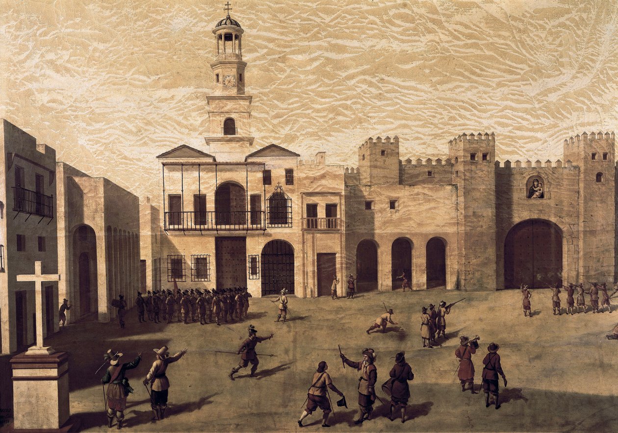 Uitzicht op het San Juan de Dios-plein en het stadhuis van Cádiz in 1596. door J. Garcia