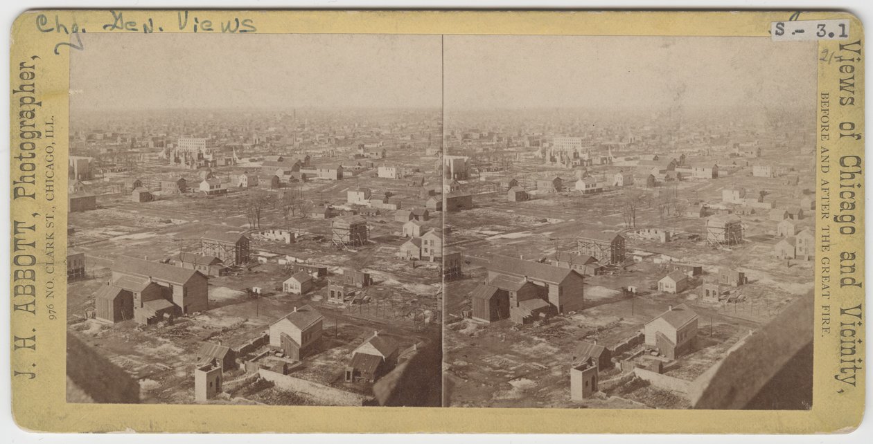 Stereograaf van het uitzicht naar het noordnoordwesten vanaf de Water Tower na de Chicago-brand van 1871, 1871 door J. H. Abbott