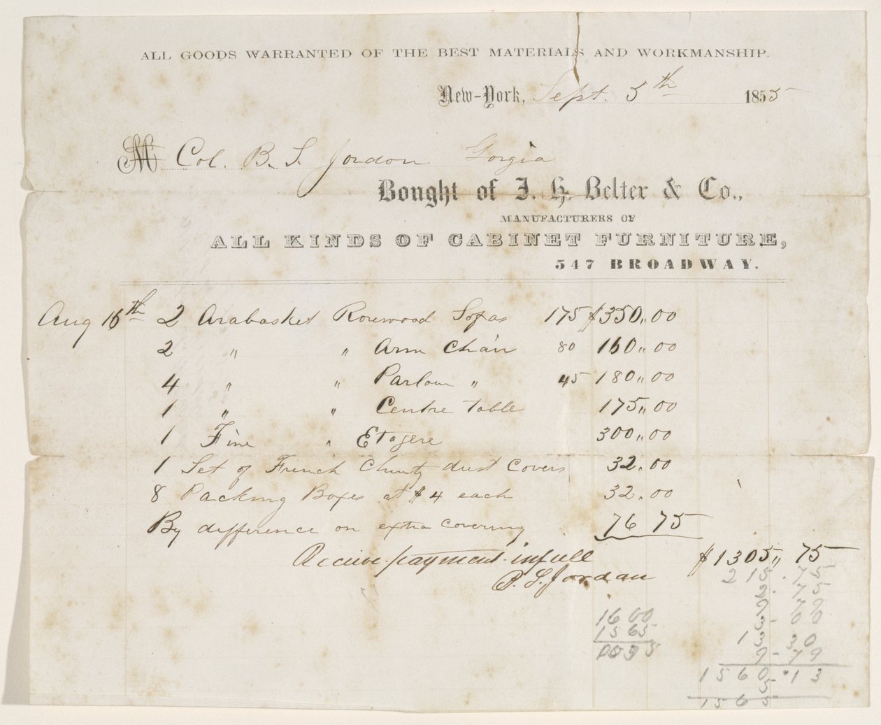 Koopakte aan Kol. B. S. Jordan, 5 september 1855 door J. H. Belter and Co. J. H. Belter and Co.