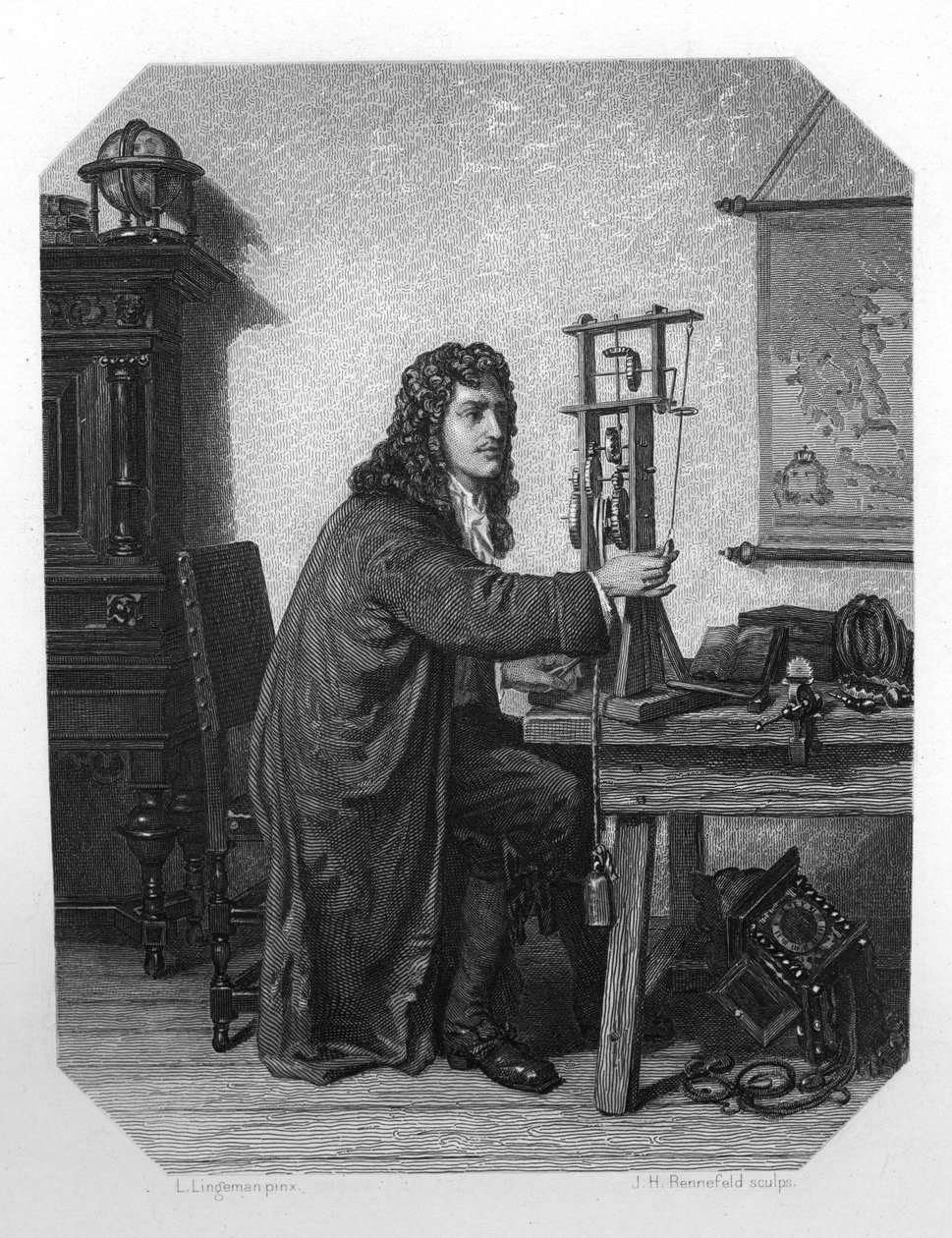 Christiaan Huygens, 17e-eeuwse Nederlandse wiskundige, astronoom en natuurkundige, ca. 1870 door J. H. Rennefeld
