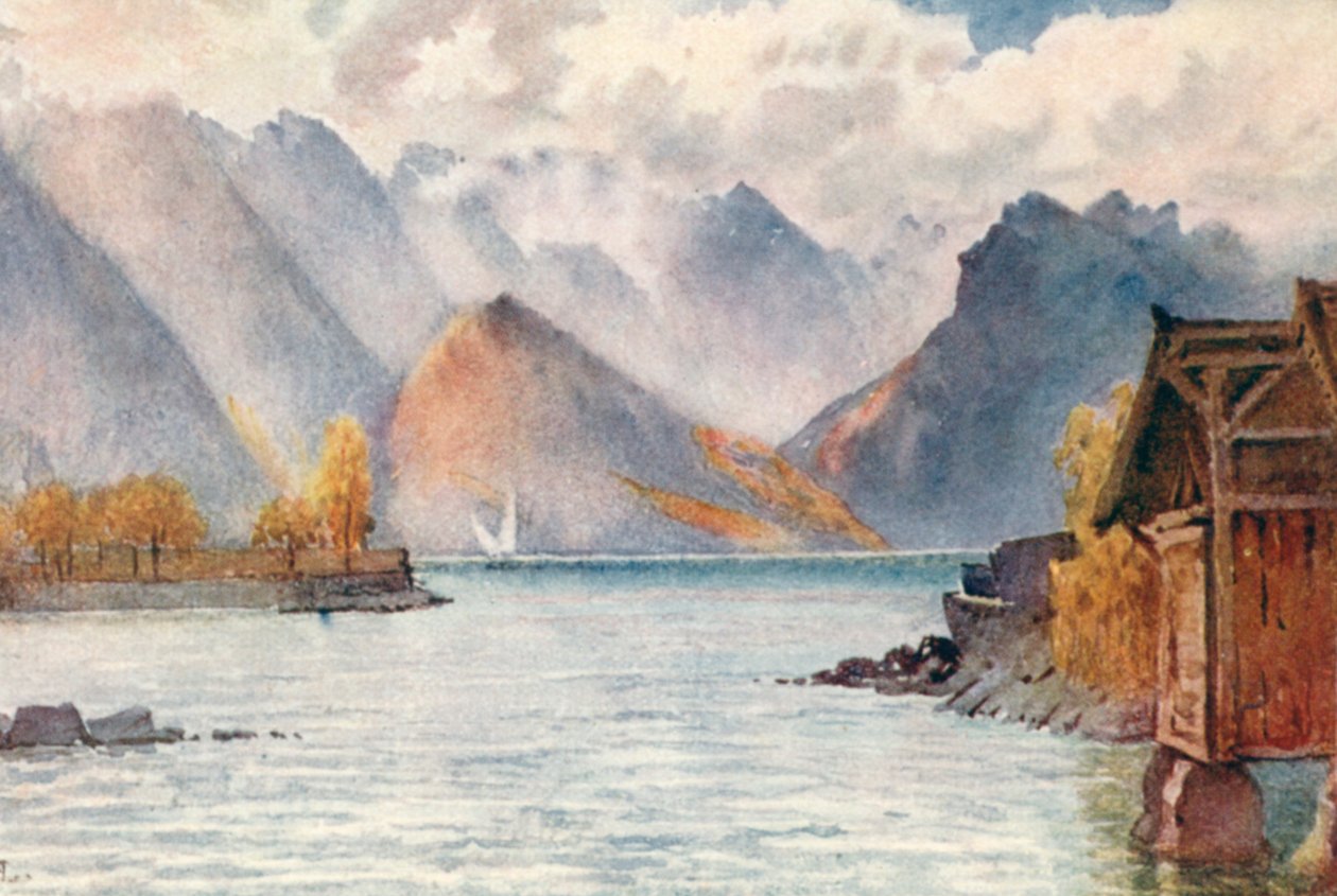 De Savoyse Alpen vanaf de Badplaats in Clarens, JHL (kleurenlitho) door J. Hardwicke Lewis
