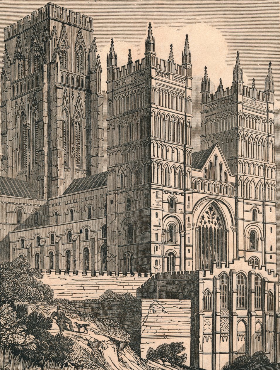 Noordwestelijke aanblik van de kathedraal van Durham, ca. 1843 door J. Jackson