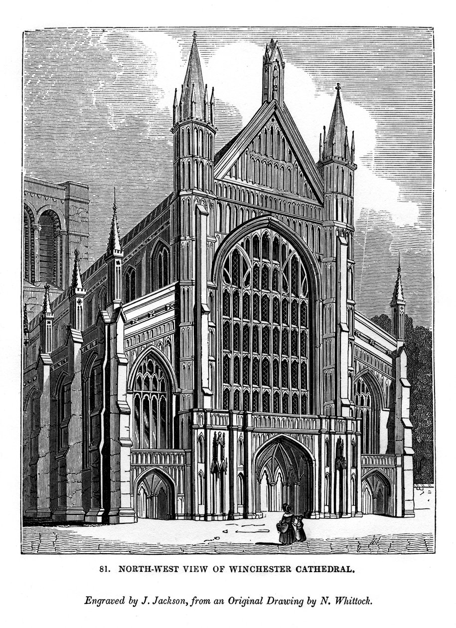 Noordwestelijk uitzicht op de kathedraal van Winchester, 1843 door J. Jackson