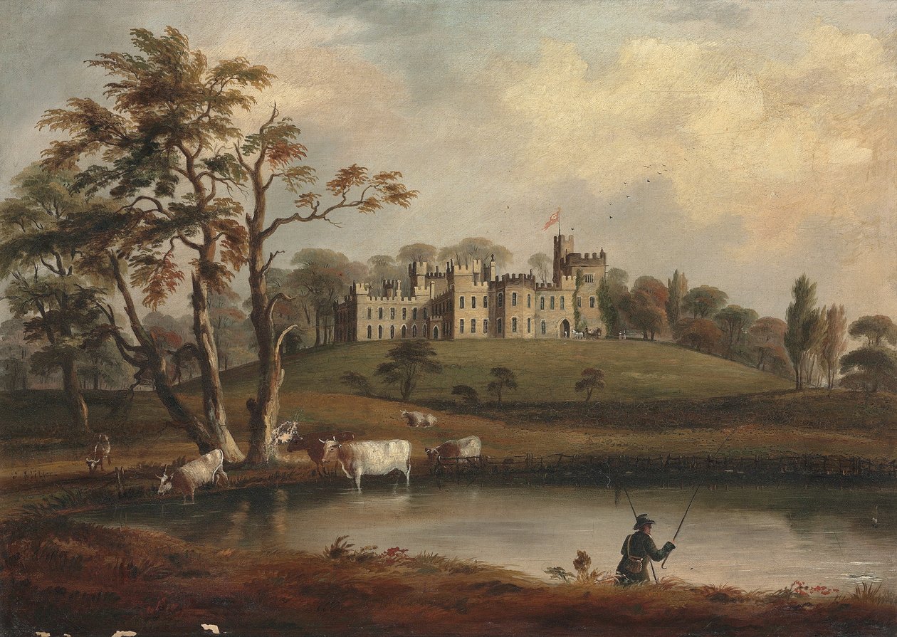 Een uitzicht op Hornby Castle, Yorkshire, met een visser en vee aan de oevers van de rivier Wenning door J. Miller