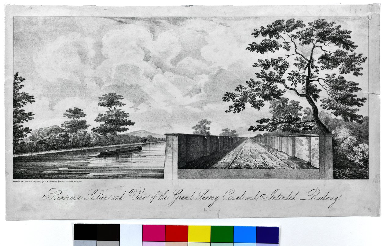 Dwarsdoorsnede en Uitzicht op het Grand Surrey Kanaal en Voorgenomen Spoorweg door J. R. Jobbins
