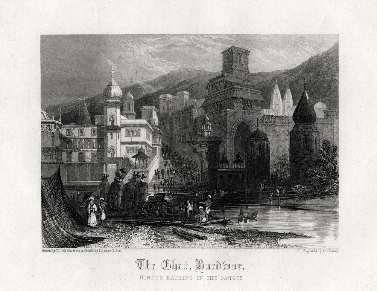 De Ghat, Hurdwar, Hindoes baden in de Ganges door J. Redaway