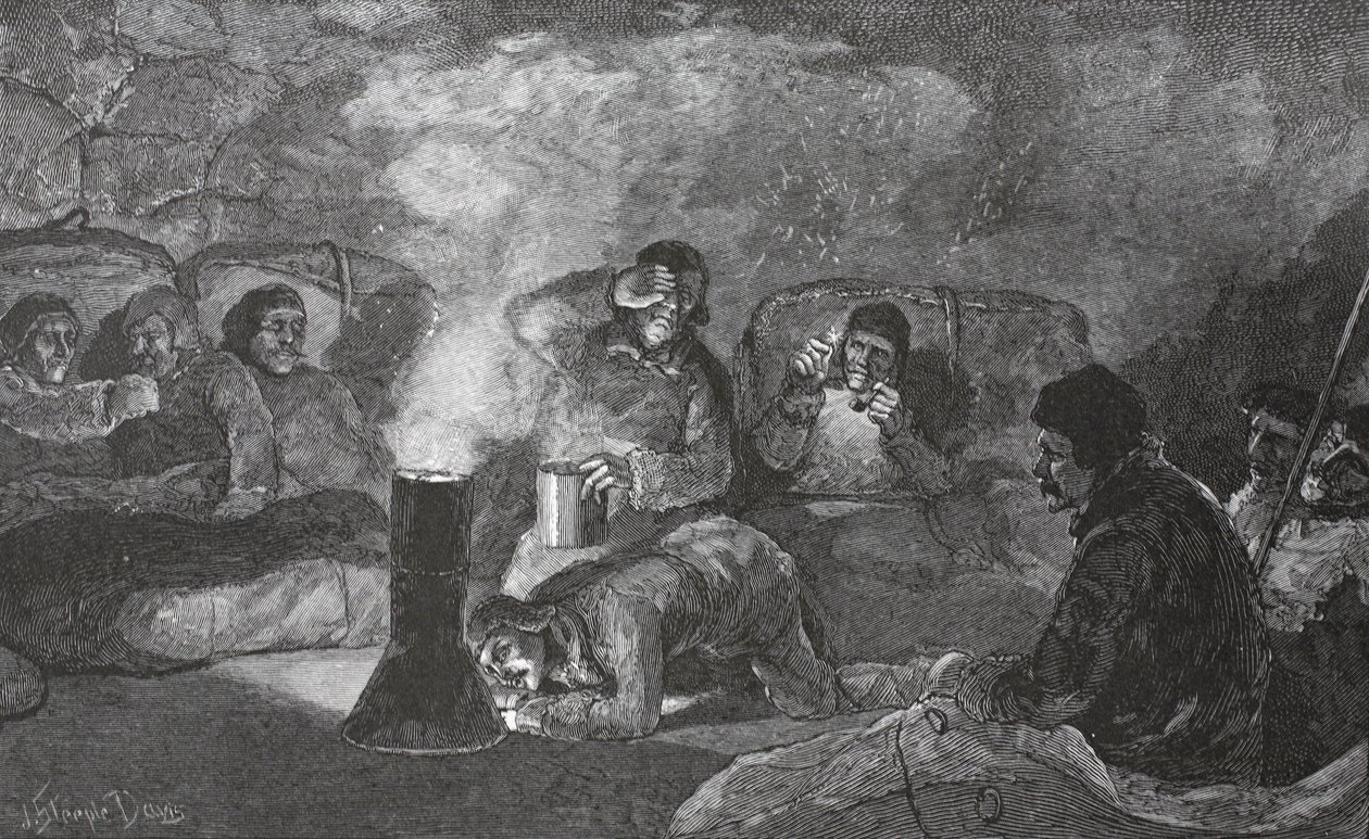 Interieur van onze Winterhut in Camp Clay tijdens het koken, 1883 door J. Steeple Davis