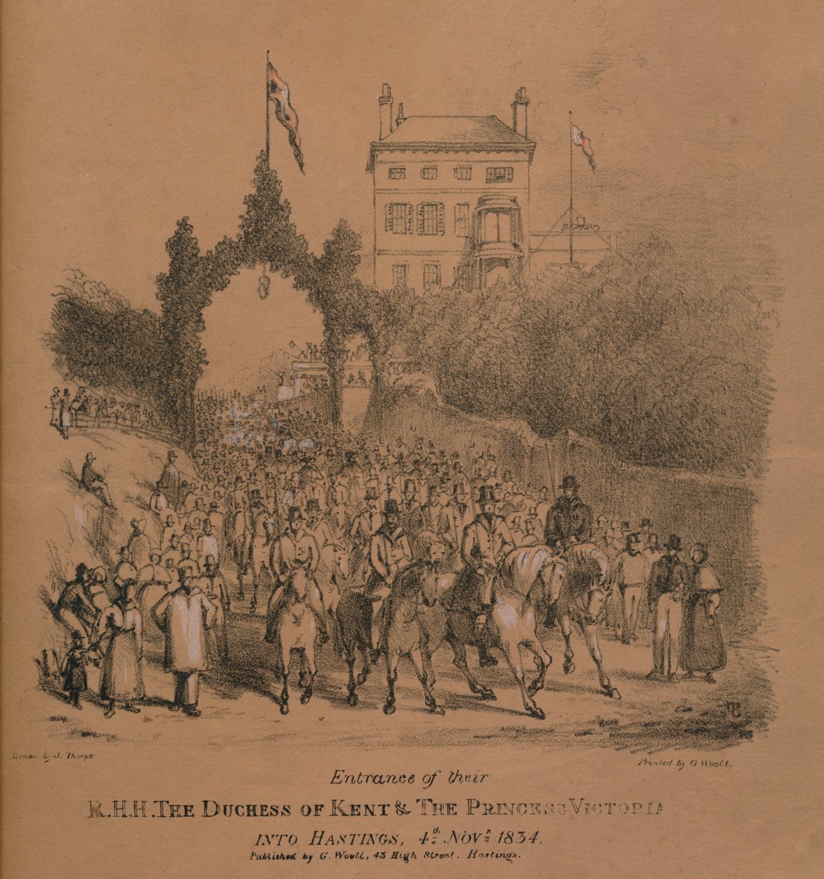 Toegang van hun K.H.H. De Hertogin van Kent & De Prinses Victoria in Hastings door J. Thorpe