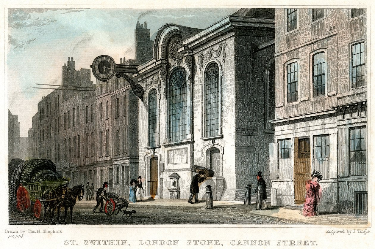 Kerk van St Swithin en de London Stone, Cannon Street, City of London, c1830 door J. Tingle