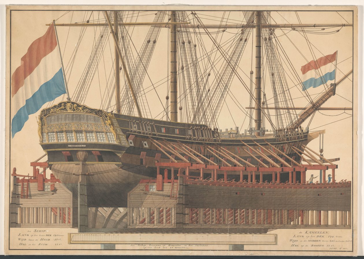 Het schip Zoutman op kamelen door J. Vos (signed by artist)