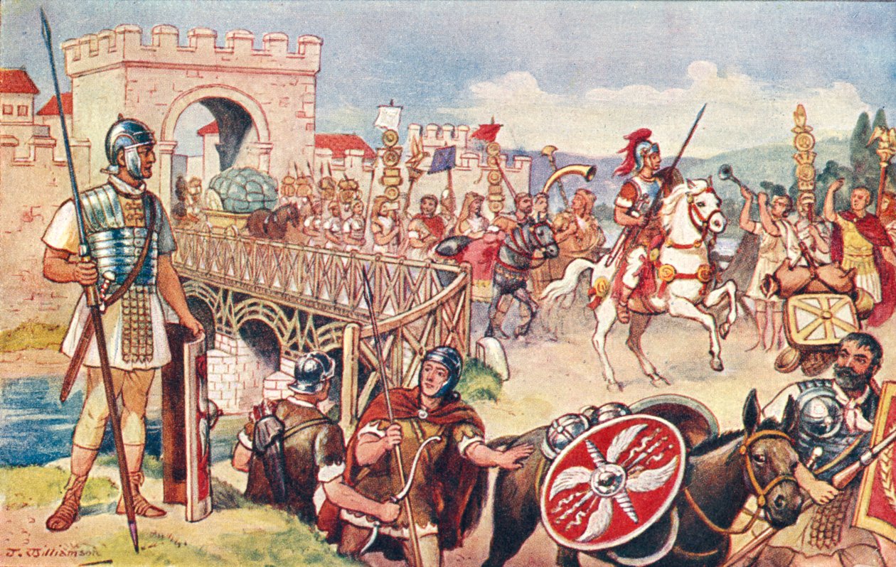 Het Romeinse Rijk - een colonne soldaten die over een brug marcheren door J. Williamson